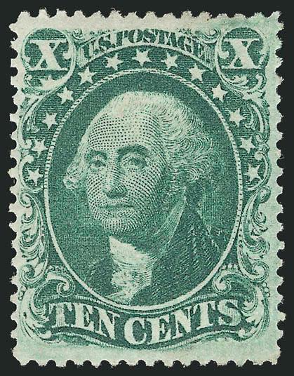 10c Green, Ty. III (33).> Original gum, lightly hinged, wonderful centering with wide even margins, rich color on bright fresh paper<><>^EXTREMELY FINE GEM. ONE OF THE FINEST KNOWN ORIGINAL-GUM EXAMPLES OF THE
1857 10-CENT GREEN FROM PLATE 1. A SPE