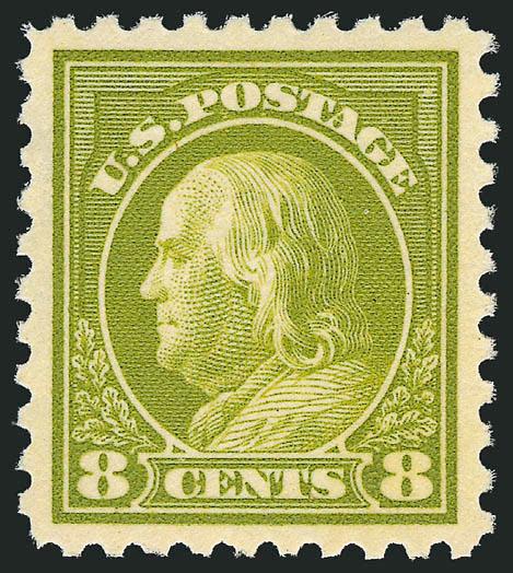8c Pale Olive Green (431).> Mint N.H., pretty shade, gorgeous centering with wide margins<><>^EXTREMELY FINE GEM. A SUPERB MINT NEVER-HINGED EXAMPLE OF THE 1914 8-CENT PERF 10 SINGLE-LINE WATERMARK, SCOTT 431,
WHICH HAS BEEN GRADED SUPERB 98 BY P.S
