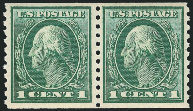 1c Green, Coil (443).> Mint N.H. pair, fresh color, wide margins, Very Fine and choice, with 1997 P.F. certificate
