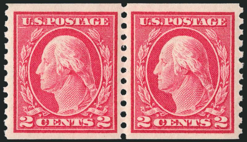 2c Carmine, Coil (444).> Mint N.H. pair, glowing color on bright paper, almost perfectly centered, Extremely Fine Gem, a fabulous pair, ex Scarsdale, with 1993 P.S.E. and 2000 P.F. certificates, the former as
strip of four