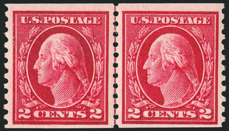 2c Carmine, Coil (444).> Mint N.H. guide line pair, intense shade and impression on bright paper, Very Fine, with 1999 P.F. certificate