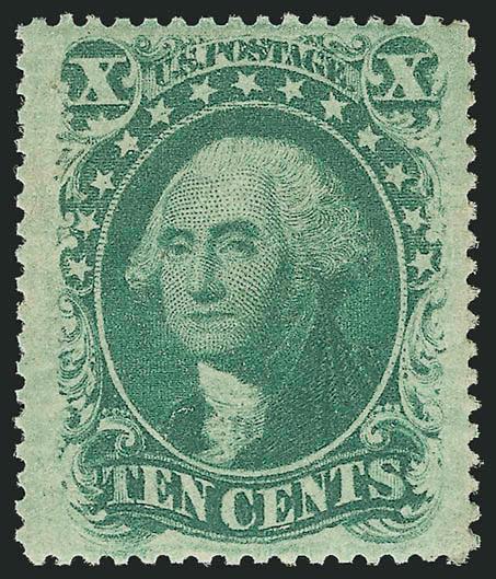 10c Green, Ty. V (35).> Original gum, lightly hinged, dark color, choice centering with wide margins at sides, Extremely Fine, a beautiful stamp, with copy of 2002 P.F. certificate for block