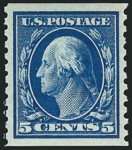 5c Blue, Coil (447).> Mint N.H., intense shade and impression, perfectly centered with huge margins, Extremely Fine Gem, with 1996 and 2008 P.S.E. certificates (XF-Superb 95 SMQ $455.00)