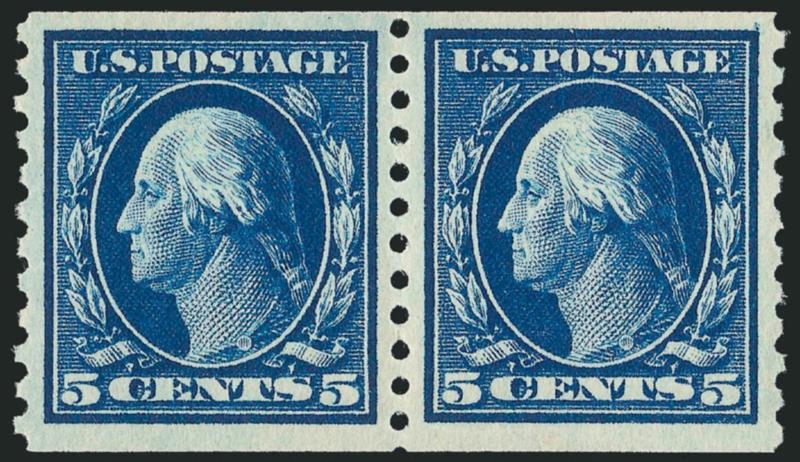 5c Blue, Coil (447).> Mint N.H. pair, deep rich color, wide and balanced margins, right stamp tiny natural perf dimple at top not mentioned on accompanying certificate, Very Fine, with 1999 P.F.
certificate