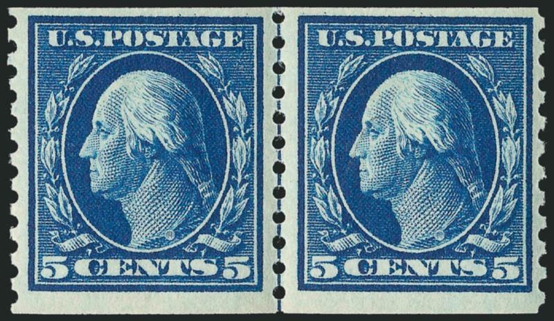5c Blue, Coil (447).> Mint N.H. guide line pair, intense shade, fresh and Very Fine, a pretty guide line pair, with 2002 P.F. certificate