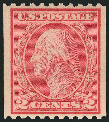 2c Red, Ty. I, Coil (449).> Mint N.H., exceptional centering with wide margins all around, brilliant color and detailed impression.<><>^EXTREMELY FINE GEM. AN EXTRAORDINARILY RARE MINT NEVER-HINGED EXAMPLE OF
THE 1915 TYPE I VERTICAL COIL. AN OUTST