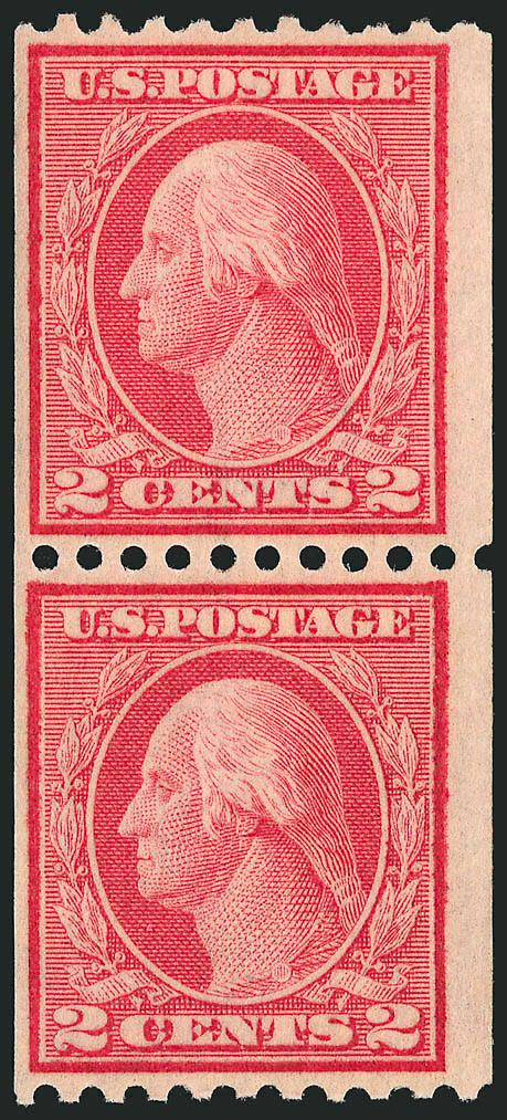 2c Red, Ty. I, Vertical Coil, Perf 10 (449).> Pair, bottom stamp Mint N.H., fresh and bright color<><>^FINE-VERY FINE PAIR OF THE RARE 2-CENT TYPE I ROTARY PRESS VERTICAL COIL, WITH THE BOTTOM STAMP IN MINT
NEVER-HINGED CONDITION.^<><>The 2c Type