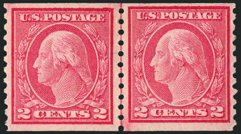 2c Carmine Rose, Ty. I, Coil (453).> Joint line pair, barest trace of hinging, rich color, Very Fine and choice, right stamp pencil notation on back leaves slight indentation, with 1994 P.F. certificate