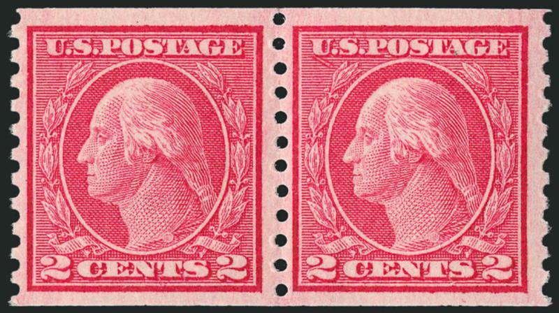 2c Red, Ty. II, Coil (454).> Mint N.H. pair, brilliant color, crisp impression, Very Fine and choice, with 1995 P.S.E. certificate