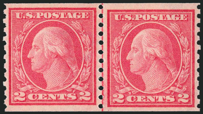 2c Red, Ty. II, Coil (454).> Mint N.H. joint line pair, brilliant color, wonderful centering, shows uneven alignment of the rotary plate with left stamp noticeably shifted upwards compared to the right stamp,
fresh and Extremely Fine, a beautiful Min
