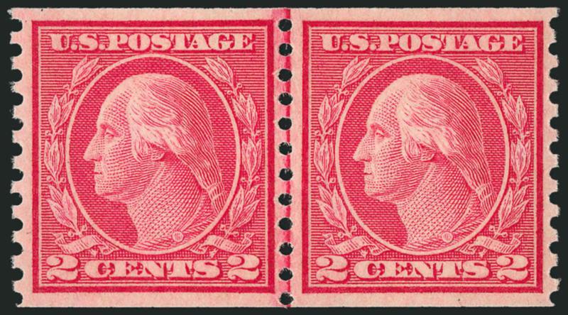 2c Carmine, Ty. III, Coil (455).> Mint N.H. joint line pair, brilliant color, unusually choice centering, right stamp trivial natural inclusion in left margin not mentioned on accompanying certificate, Extremely
Fine, with 1992 P.F. certificate
