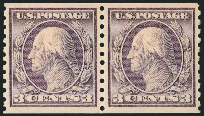 3c Violet, Coil (456).> Mint N.H. pair, vibrant color, crisp impression, wide and balanced margins<><>^VERY FINE AND CHOICE. A BEAUTIFUL MINT NEVER-HINGED AIR OF THE 3-CENT COIL, SCOTT 456.^<><>With 2001 P.F.
certificate