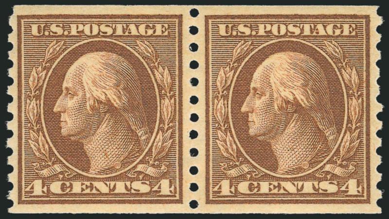 4c Brown, Coil (457).> Mint N.H. pair, deep rich color, wide and balanced margins, fresh and Extremely Fine, with 2002 P.F. and 2008 P.S.E. certificates (XF 90 SMQ $240.00)