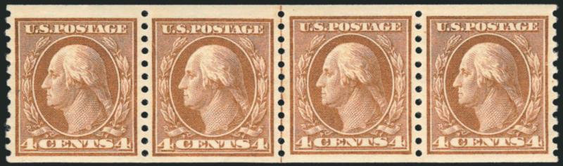 4c Brown, Coil (457).> Mint N.H. guide line strip of four, brilliant color, detailed impression, post-office fresh, Very Fine and choice, with 2005 P.F. certificate, Scott Retail as joint line pair and two
singles