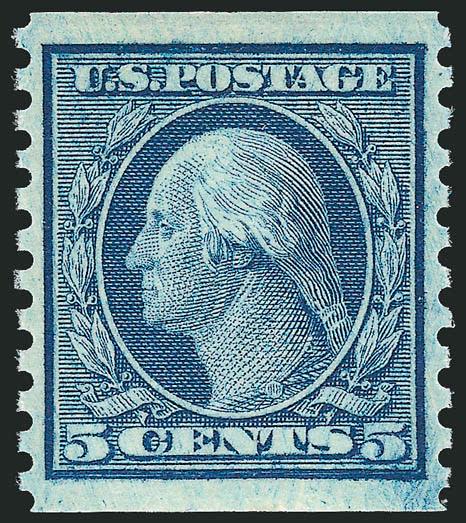 5c Blue, Coil (458).> Mint N.H., intense shade and impression, unusually wide and balanced margins, Extremely Fine Gem, a huge stamp, with 2000 P.F. and 2008 P.S.E. certificates (XF-Superb 95 Jumbo SMQ $290.00
as 95, $550.00 as 98), only three have