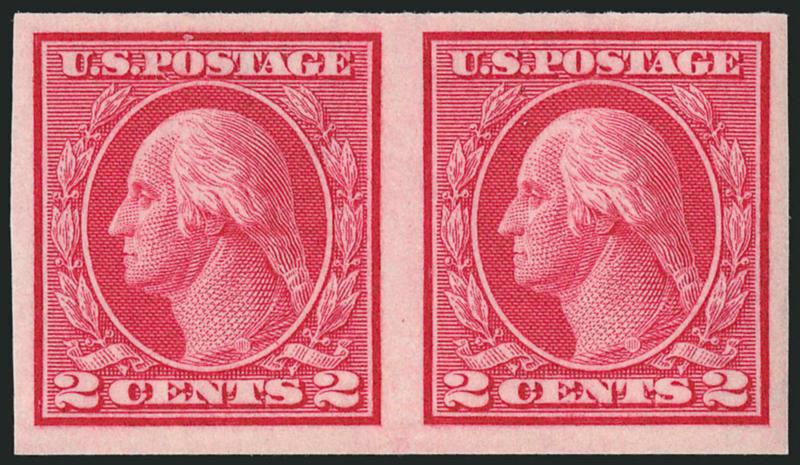 2c Carmine, Ty. I, Imperforate Coil (459).> Mint N.H. pair, large even margins, brilliant color, Very Fine and choice, backstamps, with 2001 P.F. certificate