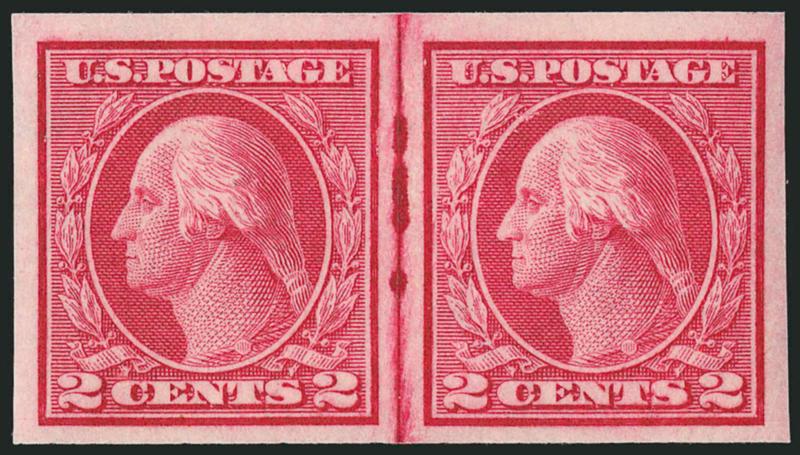 2c Carmine, Ty. I, Imperforate Coil (459).> Mint N.H. joint line pair <without customary crease between stamps,> large margins, brilliant color, Very Fine and choice, with 2001 P.F. certificate