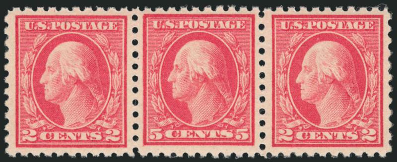 5c Carmine, Error (467).> Mint N.H. single error in strip of three, brilliant color, Very Fine, a beautiful strip, with 2006 P.S.E. certificate
