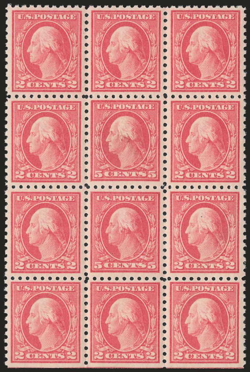 5c Carmine, Error (467).> Mint N.H. double error in block of twelve, natural s.e. at bottom, brilliant color, choice centering, bottom error small natural inclusion<><>^VERY FINE AND CHOICE. A BEAUTIFUL MINT
NEVER-HINGED DOUBLE ERROR BLOCK OF THE P