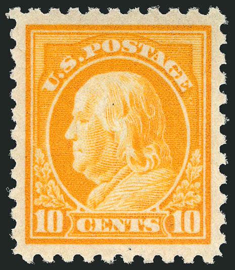 10c Orange Yellow (472).> Mint N.H., vibrant color which is as fresh as the day it was printed, almost perfectly centered with wide and balanced margins<><>^EXTREMELY FINE GEM. A MAGNIFICENT MINT NEVER-HINGED
EXAMPLE OF THE 1916 10-CENT PERF 10 UNW