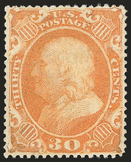 30c Orange (38).> Original gum, lightly hinged, beautiful rich color, perfectly centered<><>^EXTREMELY FINE. A REMARKABLE ORIGINAL-GUM EXAMPLE OF THE 30-CENT 1860 ISSUE WITH MARGINS AND CENTERING RARELY
ENCOUNTERED IN THIS ISSUE. THIS MARVELOUS STA