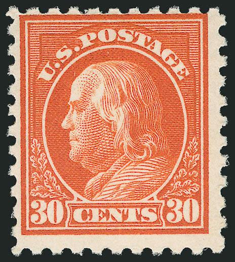 30c Orange Red, Perf 10 (476A).> Position 58 from Plate No. 6911, Mint N.H., very deep and intense color, sharp proof-like impression on bright white paper, well-centered for this difficult issue<><>^FINE
EXAMPLE OF THE VERY RARE 30-CENT PERF 10 WA