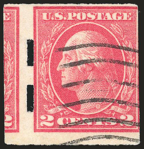 2c Deep Rose, Ty. Ia, Imperforate, Schermack Ty. III Private Perforation (482A).> Deep rich color on bright white paper, Schermack perforations completely intact at left showing significant portion of adjoining
stamp at left, cancel leaves design cle