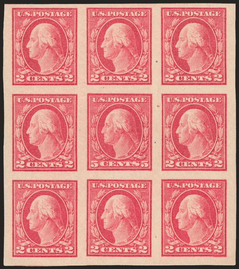 5c Carmine, Imperforate, Error (485).> Single error in block of nine, center stamps incl. error and two stamps at bottom Mint N.H., large margins, brilliant color, few natural inclusions<><>^EXTREMELY FINE. A
BEAUTIFUL BLOCK OF NINE CONTAINING A MI