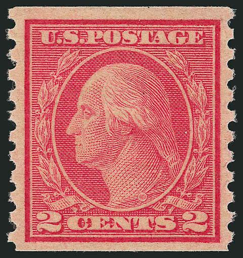 2c Carmine, Ty. II, Coil (491).> Mint N.H., rich color and detailed impression<><>^VERY FINE AND CHOICE. AN EXTRAORDINARILY RARE MINT NEVER-HINGED EXAMPLE OF THIS RARE COIL.^<><>Unlike most other issues, the
horizontal coil is actually scarcer th