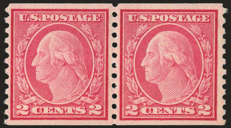 2c Carmine, Ty. II, Coil (491).> Mint N.H. pair, rich color, detailed impression, beautiful centering for this difficult issue<><>^EXTREMELY FINE. THIS IS EASILY ONE OF THE FINEST MINT NEVER-HINGED PAIRS OF THE
2-CENT ROTARY TYPE II IN EXISTENCE.^<