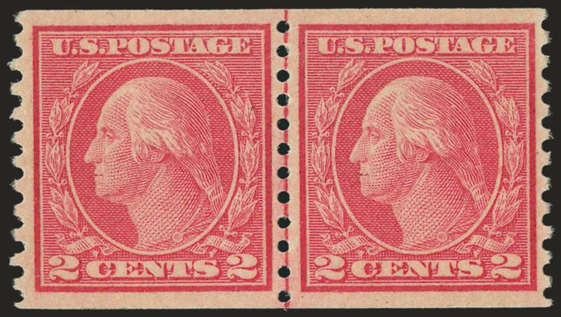 2c Carmine, Ty. II, Coil (491).> Joint line pair, lightly hinged, deep rich color, perfectly centered<><>^EXTREMELY FINE GEM. A BEAUTIFUL JOINT LINE PAIR OF THE 2-CENT ROTARY TYPE II COIL.^<><>Unlike most other
issues, the horizontal coil is actu