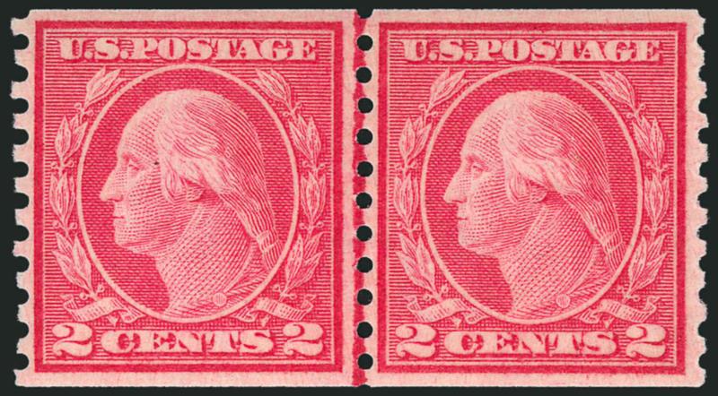 2c Carmine, Ty. III, Coil (492).> Mint N.H. joint line pair, brilliant color, beautiful centering with well-balanced margins, Extremely Fine Gem