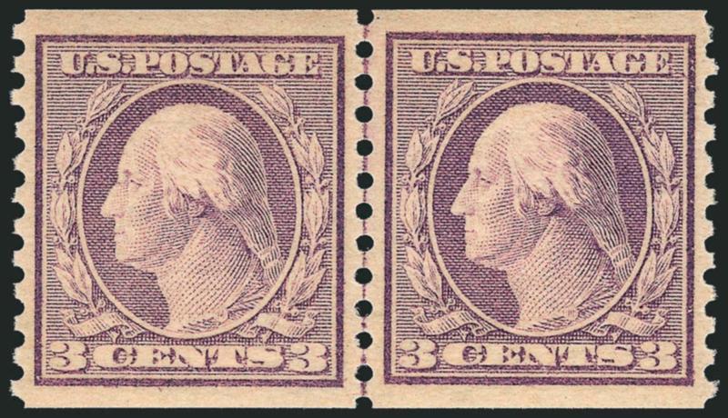 3c Violet, Ty. I, Coil (493).> Mint N.H. joint line pair, rich color, detailed impression, magnificent centering with unusually wide margins<><>^EXTREMELY FINE GEM. A MAGNIFICENT MINT NEVER-HINGED JOINT LINE
PAIR OF THE 3-CENT COIL, SCOTT 493. THIS