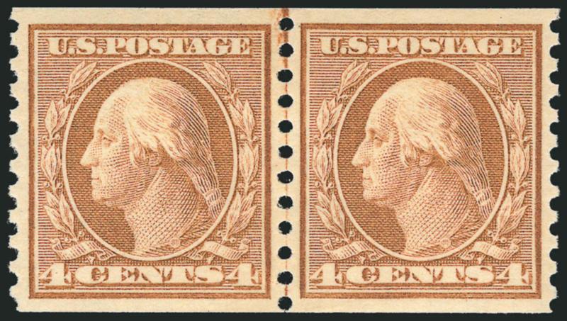 4c Orange Brown, Coil (495).> Mint N.H. joint line pair, radiant color, perfectly centered, Extremely Fine Gem, quite simply superb in every respect, with 2001 P.F. and 2008 P.S.E. certificates (XF-Superb 95 SMQ
$740.00)