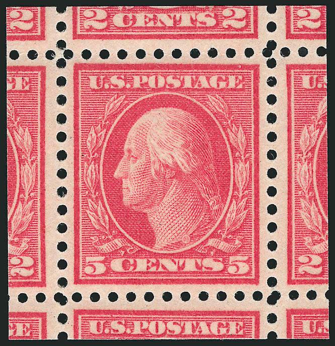 5c Rose, Error (505).> Mint N.H., brilliant color, intact perfs all around and with significant portion of eight adjoining stamps, choice centering, post-office fresh<><>^EXTREMELY FINE GEM. A SUPERB MINT
NEVER-HINGED EXAMPLE OF THE 5-CENT PERF 11