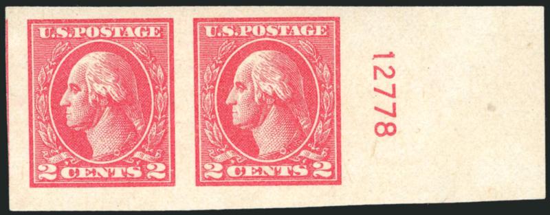 2c Carmine, Ty. VII, Imperforate (534B).> Mint N.H. horizontal plate no. pair, rich color, large margins all around including wide right sheet margin<><>^EXTREMELY FINE AND FRESH PAIR OF THE RARE 2-CENT TYPE VII
IMPERFORATE. ESPECIALLY DESIRABLE WI
