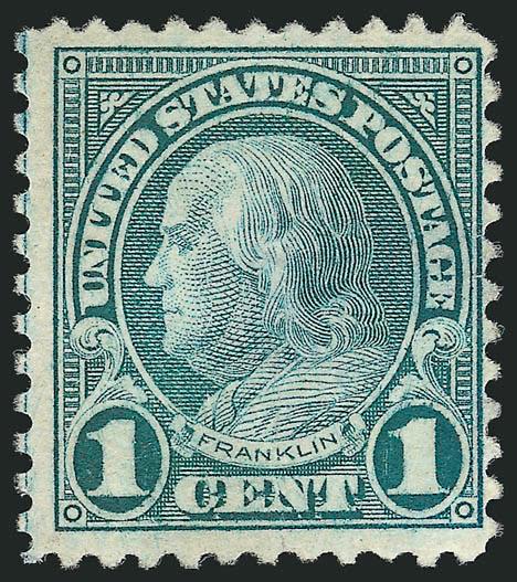 1c Green, Rotary, Perf 11 (594).> Unused (no gum), bright color (accompanying certificate notes stained but this has been removed), three wide margins, deep thin spot at right<><>^FINE APPEARANCE. AN ATTRACTIVE
UNUSED EXAMPLE OF THE ONE-CENT ROTARY