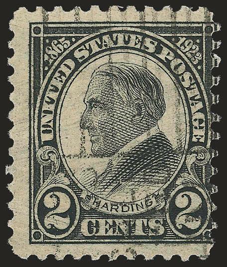 2c Harding, Rotary, Perf 11 (613).> Three wide margins, perfs in at right, sharp impression, neat machine cancel<><>^FINE. A RARE SOUND EXAMPLE OF THE 2-CENT HARDING ROTARY PERF 11, WHICH IS ONE OF THE RAREST OF
ALL 20TH CENTURY ISSUES.^<><>Our c