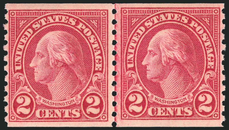 2c Carmine, Ty. II, Coil (599A).> Mint N.H. joint line pair, brilliant color, exceptional centering, tiny black adherence at top is barely noticeable and not mentioned on accompanying certificate, Very Fine,
with 2000 P.F. certificate