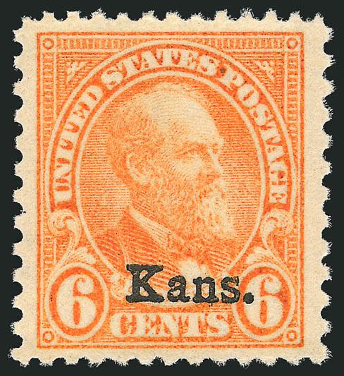 6c Kans. Ovpt. (664).> Mint N.H., blindingly bright color, choice centering with Jumbo margins, Extremely Fine Gem, a massive stamp, with 2002 P.S.E. certificate