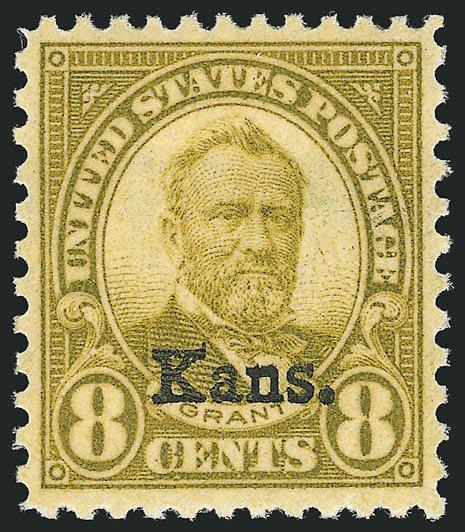 8c Kans. Ovpt. (666).> Mint N.H., rich color, proof-like impression, wide and balanced margins, Extremely Fine Gem, a beautiful example of the toughest value of the Kansas-Nebraska set, with 1995 P.F.
certificate