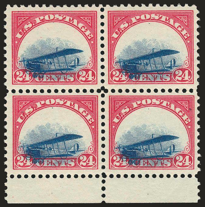 24c Carmine Rose & Blue, 1918 Air Post, Grounded Plane Variety (C3 var).> Bottom selvage block of four, vignette shifted down exceeding the standard amount for classification as the Grounded Plane variety,
pristine gum described by the P.F. as previ