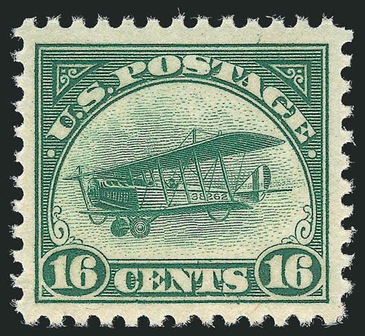 16c Green, 1918 Air Post (C2).> Mint N.H., rich color and proof-like impression, wide and balanced margins, Extremely Fine, with 2005 P.S.E. certificate (XF 90 SMQ $260.00)