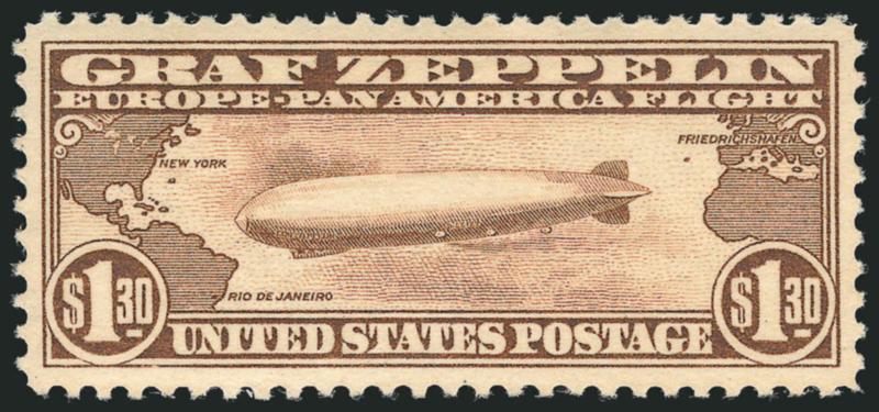 $1.30 Graf Zeppelin (C14).> Mint N.H., bright color, beautiful centering with wide and balanced margins, Extremely Fine, a pretty stamp, with 2005 P.S.E. certificate (XF-Superb 95 SMQ $1,800.00)