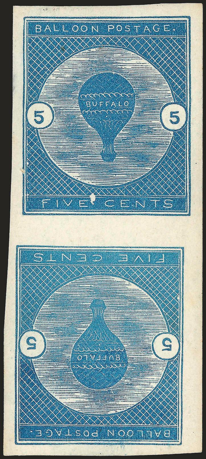 5c Deep Blue, Buffalo Balloon, Tete-Beche Pair (CL1a).> One Schoendorf Type II, other Schoendorf Type III, large margins, <one stamp Mint N.H.,> other with natural fiber inclusion at upper right and usual margin
thin spot<><>^EXTREMELY FINE APPEARA
