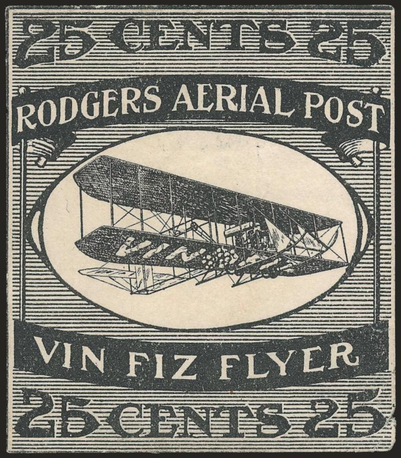 1911, 25c Black, Rodgers Vin Fiz, Unofficial Air Post (CL2).> Clear margins to just in as are almost all of the known examples, slight nick at bottom right, few small faults including small tears and corner
crease<><>^VERY FINE APPEARANCE AND EXT