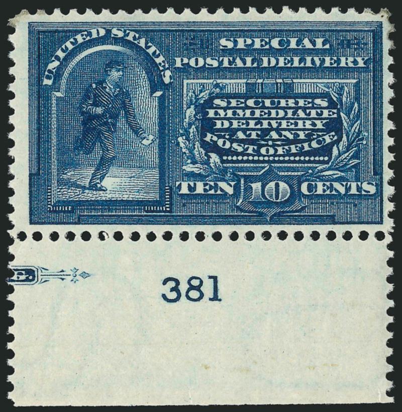 10c Blue, Special Delivery (E5).> Plate no. 381 with wide selvage at bottom, original gum, barest trace of hinging one one corner perf at top right, intense shade, Very Fine, attractive with the plate
number