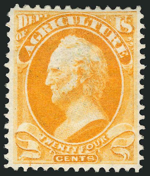 24c Agriculture (O8).> Original gum, bright color, well-proportioned margins, single shortish perf at top not mentioned on accompanying certificate, Very Fine, with 1994 P.S.E. certificate