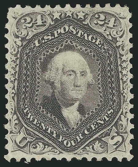 24c Dark Violet, First Color (60).> Original gum, lightly hinged, perfectly centered, distinctive dark First Color shade, proof-like impression<><>^EXTREMELY FINE GEM. A SUPERB EXAMPLE OF THE 1861 24-CENT DARK
VIOLET EARLY TRIAL PRINTING. ONE OF TH