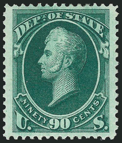 90c State (O67).> Original gum, deep rich color, Jumbo margins at sides and well-balanced top to bottom, Extremely Fine, a pretty stamp, with 2004 P.F. certificate